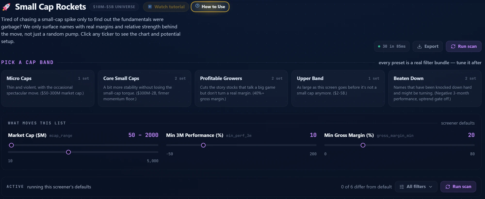 Small Cap Rockets screener with cap band presets like micro caps, core small caps and profitable growers, plus sliders for market cap range, three month performance and gross margin