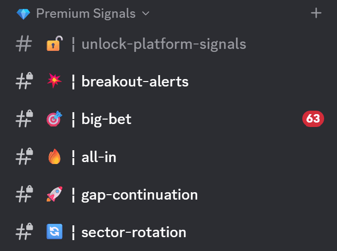 The Premium Signals channel group in the Discord: breakout-alerts, big-bet, all-in, gap-continuation and sector-rotation