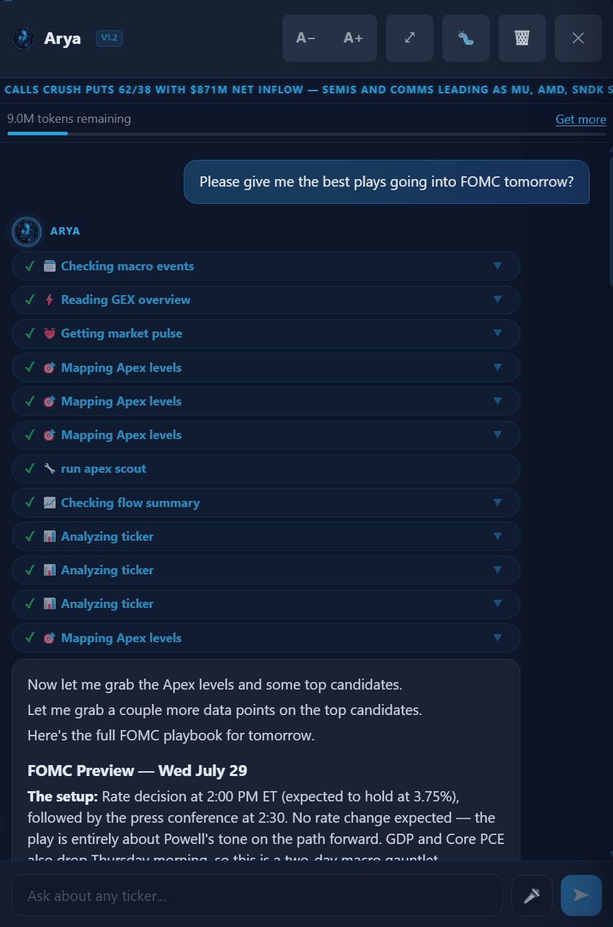 Arya AI assistant building a FOMC playbook by pulling macro events, GEX overview, market pulse and apex levels across multiple tickers
