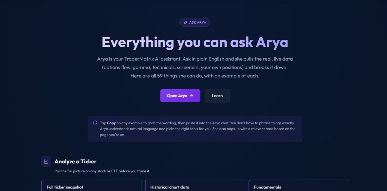 The Arya catalog page showing the "Everything you can ask Arya" headline, the 59 capabilities count, and the beginning of the Analyze a Ticker category with Copy buttons on each example question