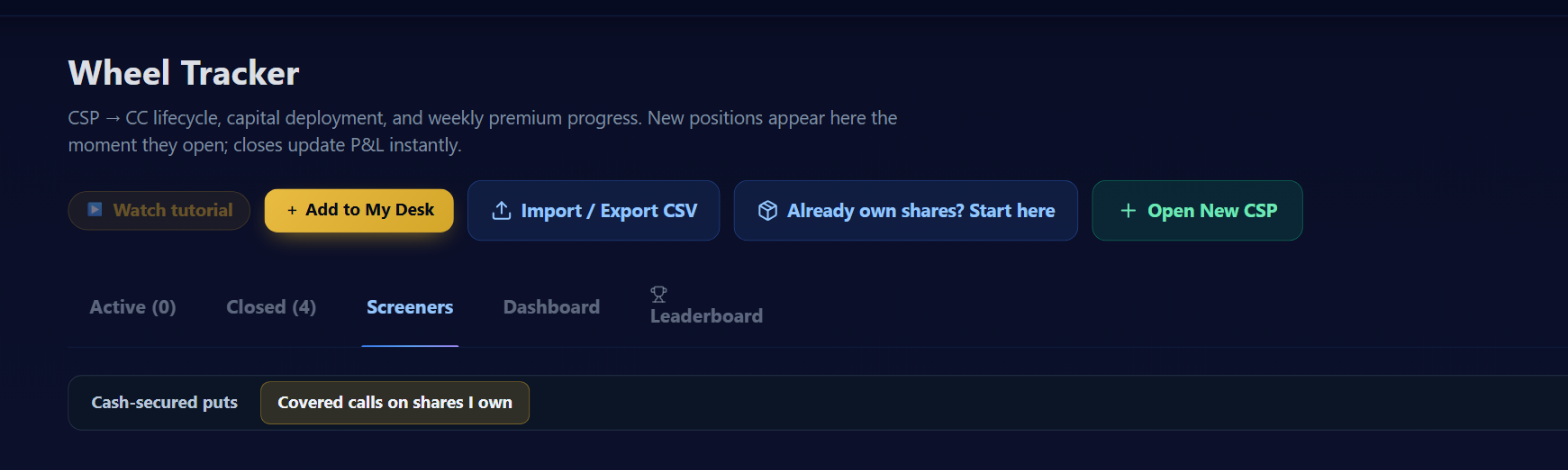 The Wheel Tracker page showing the header, action buttons, the Screeners tab active, and the Cash-secured puts / Covered calls on shares I own sub-tab toggle with Covered calls selected