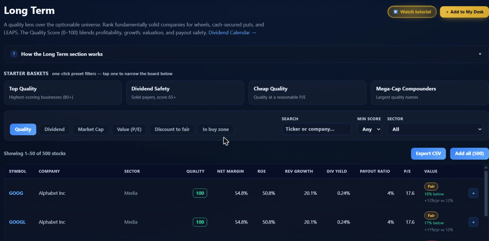 Long Term page showing four starter baskets, sort and filter controls, and a table ranked by Quality score with 500 stocks including GOOG and GOOGL at the top