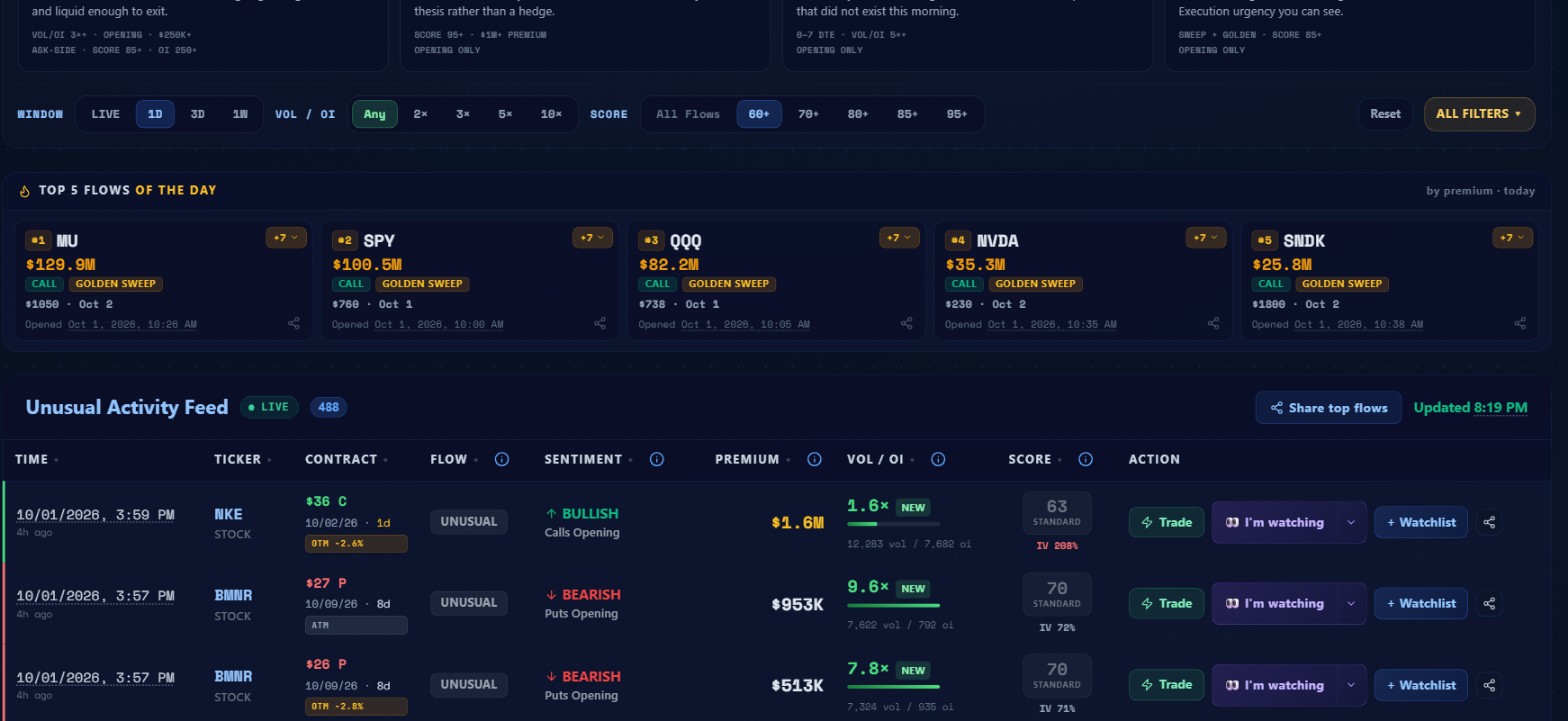 The "Top 5 Flows of the Day" section and the beginning of the main Unusual Activity Feed